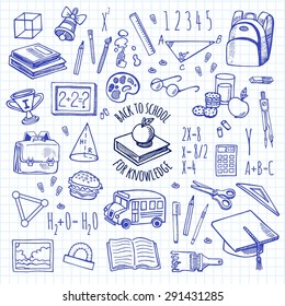 School tools sketch icons on a plaid background isolation vector set. Background School.