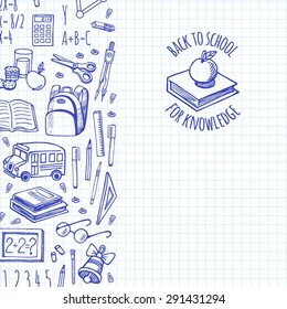 School tools sketch icons on a plaid background isolation vector vertical banner. Background School.