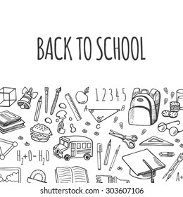 School tools sketch icons on white background isolation vector horizontal banner. Background School.