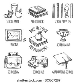 School tools sketch icons on white background isolation vector set. Background School.