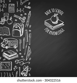 School tools sketch icons on chalk board  isolation vector vertical banner. Background School.