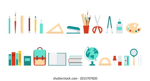 School tools, supplies, stationery in flat style. Set of colored icons, pictograms. Pen, globe, backpack, ruler, book, brush, pencil and other items. Vector illustration isolated on white