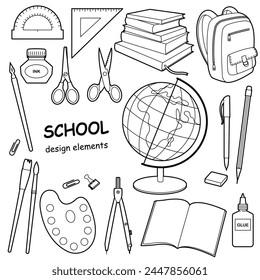 School tools, supplies. Stationery set backpack, globe, pencils, brushes, ink, ruler, books, glue. Back to school. Outline illustration, design elements or page of children's coloring book