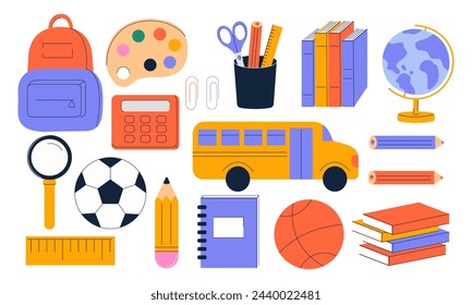 School tools, supplies vector flat illustration. Back to school items.