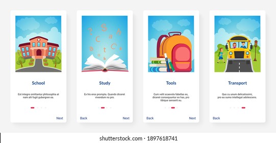 School tools, transport cartoon vector illustration. UX, UI onboarding mobile app page screen set with supplies for student schooling, bus transportation, books and textbooks to learn and study