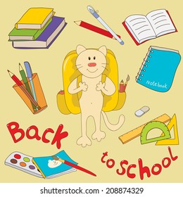 School tools vector card with funny cat. Back to school!