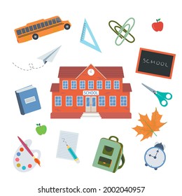 School tools vector illustration. Cartoon flat education supplies or tools collection with schoolboard, schoolbook, backpack, school  building and bus.