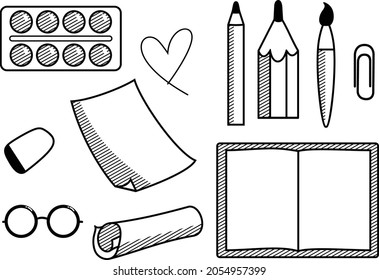 school tools vector set pencil brush paper icon linear graphic
