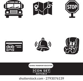 School transport and education icon set featuring bus, route map, stop sign, id card, bell, and child safety seat