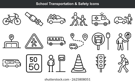 School transportation and safety icons illustrating concepts of road safety and travel