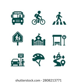 School Transportation Student Commute and Road Safety Icons