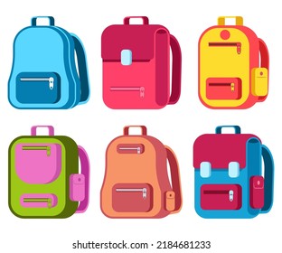 School and travel backpack vector cartoon set isolated on a white background.