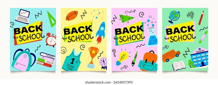 School trendy posters, backgrounds, covers. Modern educational stickers, icons. Back to school college, study concept. Flat design. Vector illustration.
