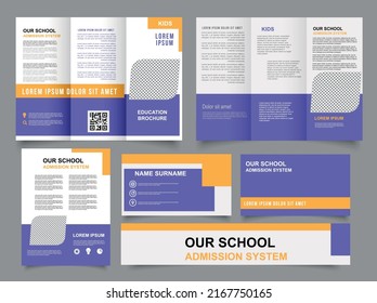 School tri fold brochure. Collection of folded brochures, annual report, business card. For printing, A4 magazine cover