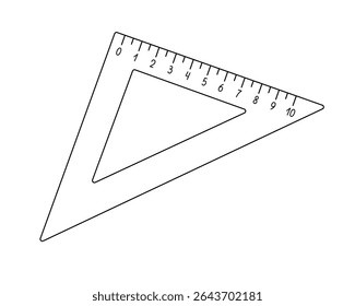 Régua triangular escolar, instrumento de medição para aulas de matemática desenhado à mão esboço ilustração vetorial, de volta ao objeto de vocabulário da escola, escala de centímetro doodle imagem linear