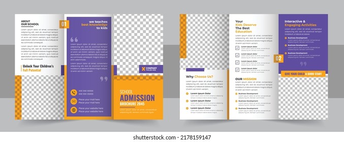 School trifold brochure design, Kids back to school education admission trifold brochure template, kids academy brochure template layout, company profile template