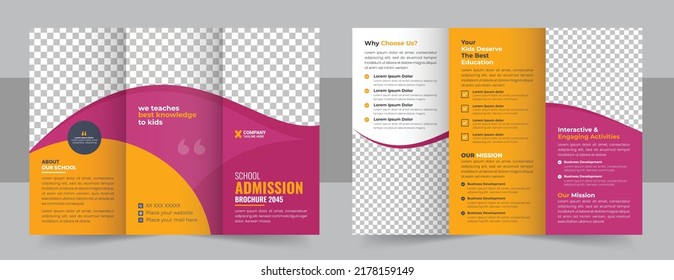 School trifold brochure design, Kids back to school education admission trifold brochure template, kids academy brochure template layout, company profile template