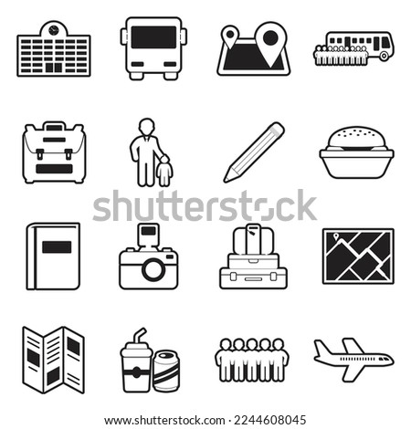 School Trip Icons. Line With Fill Design. Vector Illustration.
