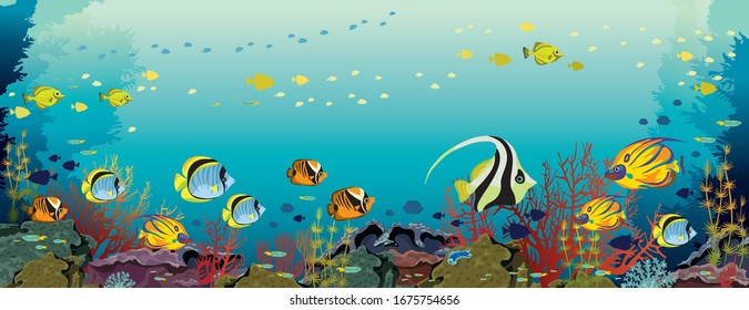 School of tropical fishes and coral reef on a blue sea background. Vector ocean panoramic illustration. Underwater nature and marine wildlife.