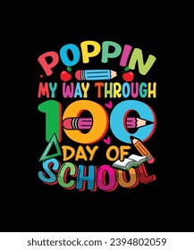 school t-shirt design, funny, child, colorful, illustration, fashion, card, 100 day, day,