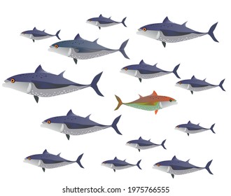 School Of Tuna Fish, One Fish Swimming Upstream. The Concept Of Being Different.