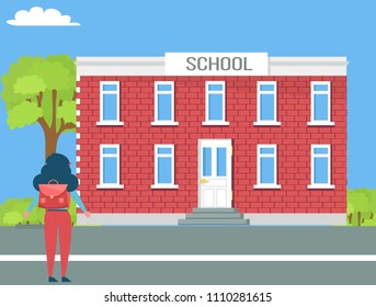 School two-storey building and girl with backpack back view standing in front of establishment on the road, flat vector illustration person outdoors.