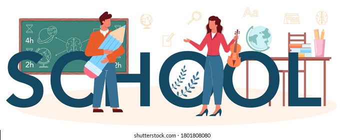 School typographic header. Profesor planning curriculum, meeting parents. School or college workers. Idea of education and knowledge. Isolated flat vector illustration