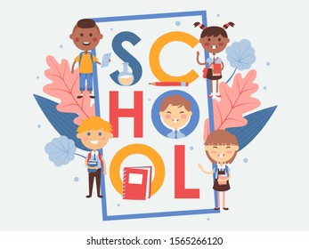 School typography poster vector illustration. Children education booklet cover flat style. Smiling kids cartoon characters. Happy schoolchildren with books, decorative autumn leaves, school newsletter