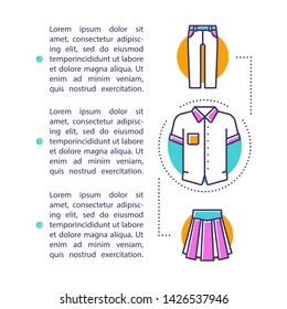 School uniform article page vector template. Pupil clothes description. Brochure, magazine, booklet design element with linear icons and text boxes. Print design. Concept illustrations with text space