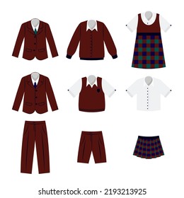 School uniform for boys and girls vector illustrations set. Clothes for male and female students, suit, shirt, blazer, dress, skirt isolated on white background. School, education, fashion concept