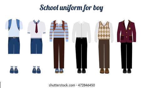 School Uniform For Boys Kit Flat Vector Illustration Set Of Male School Dress Code Clothes. Collared Button Shirl, Trousers, Blazer And Boots.