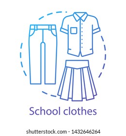 School Uniform, Clothes Concept Icon. Elementary Grade Student Official Fashion Idea Thin Line Illustration. Men And Women Formal Apparel. T Shirt, Pants And Long Skirt Vector Isolated Outline Drawing