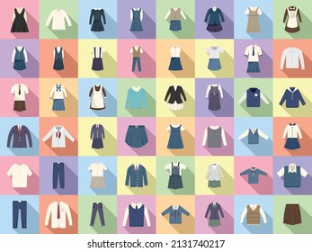School uniform icons set flat vector. Formal general. Class apparel