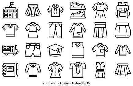 School uniform icons set. Outline set of school uniform vector icons for web design isolated on white background