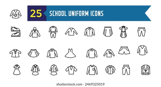School uniform icons set. Outline set of school uniform vector icons for ui design. Outline icon collection. Editable stroke.