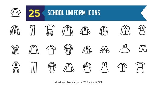 School uniform icons set. Outline set of school uniform vector icons for ui design. Outline icon collection. Editable stroke.