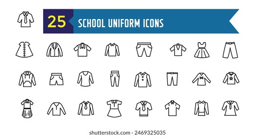 School uniform icons set. Outline set of school uniform vector icons for ui design. Outline icon collection. Editable stroke.