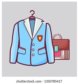 School uniform, jacket with icon and bag. Сartoon flat style rerto in vector illustration.
