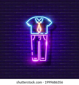 School uniform neon sign. Dresscode for a man is a luminous icon. Vector illustration for design. School concept.