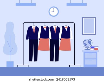 School uniform on hanger vector illustration. Books and globe on background. Schoolchildren must wear school uniforms concept