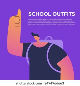Uniforme escolar. Outfit con mochila para niño. De vuelta a la escuela. Ilustración vectorial plana.