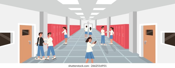 Uniforme escolar. Tiempo de descanso de los estudiantes. Interior de la escuela. Pasillo de la escuela. Amistad estudiantil.