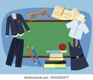 School uniform vector illustration with books, pen, pencil and blackboard on background. Schoolchildren must wear school uniforms concept