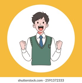 A school uniformed male student is smiling broadly with his hands raised high for the new semester. minimal line art vector illustration.