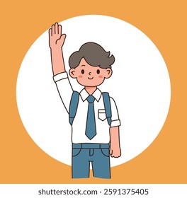 A school uniformed male student, who went to school for the new semester, is wearing a school bag and holding one hand high and smiling. minimal line art vector illustration.