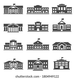 School, University Bold Black Silhouette Icons Set Isolated On White. College Buildings Pictograms Collection. Academy, Museum, Theatre, Hospital Vector Elements For Infographic, Web.