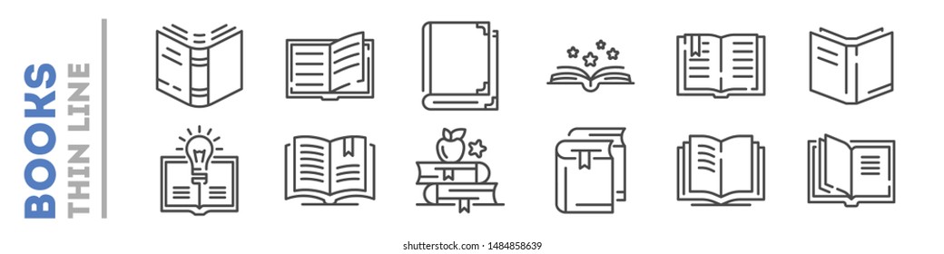 School, university books set of thin line icons on white. Outline publishing house, library pictograms collection. Reading festival, club logos. Writing competition vector for infographic, web.