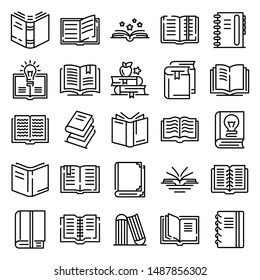 School, university books set of thin line icons on white. Outline publishing house, library pictograms collection. Reading festival, club logos. Writing competition vector for infographic, web.