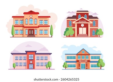 School university building clipart set. Classroom drawing icon colorful clip art for student and pupils learning college building educational elements collection vector illustration. 
