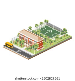 School or university building with sport stadium on the schoolyard. Vector illustration. Isometric scene. School bus. Green trees.